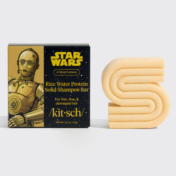 Star Wars themed rice water protein solid shampoo bar with packaging on a white background