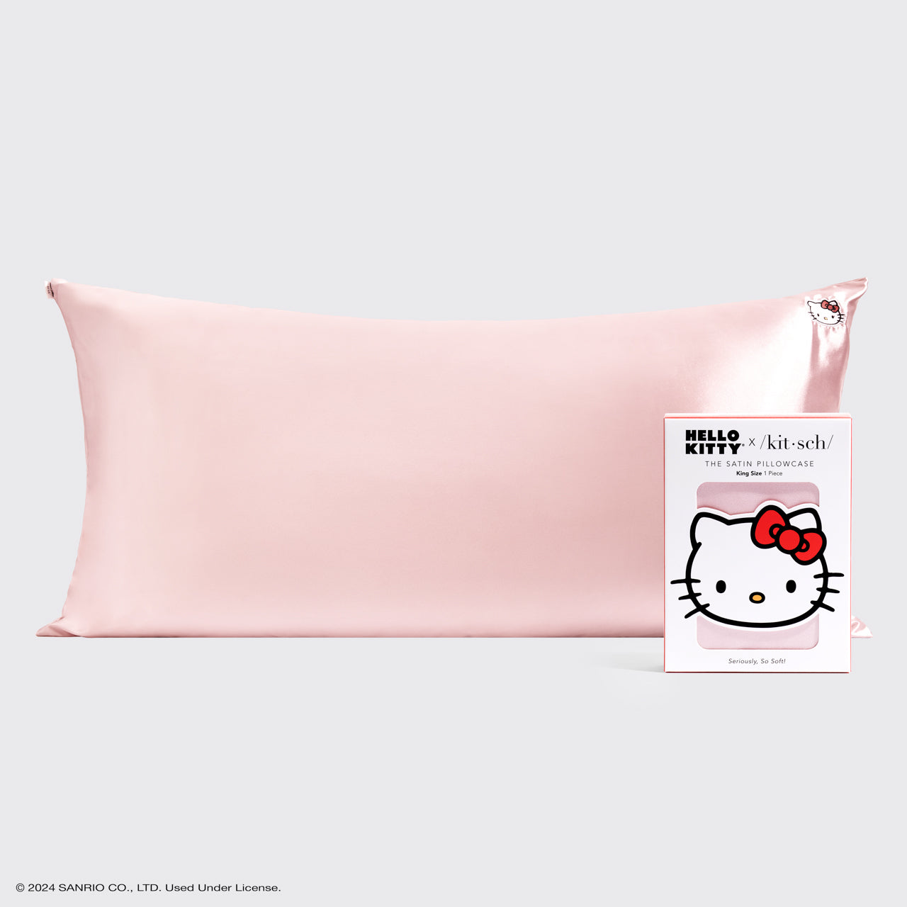 Kitsch x Hello Kitty funda de almohada de satén rosa con cara de Hello Kitty - King