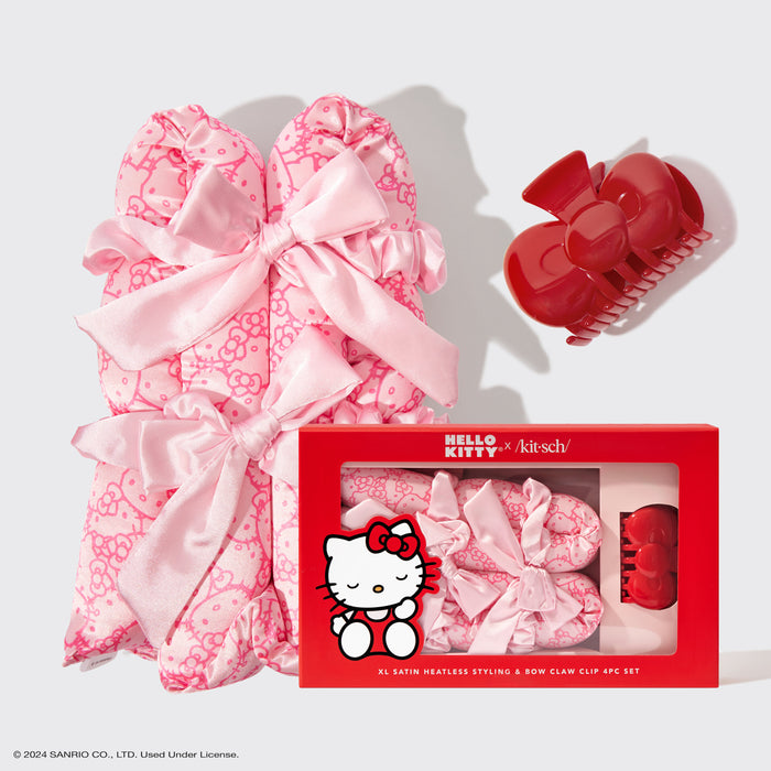Kitsch x Hello Kitty Set aus XL-Satin-Lockenstäben ohne Hitze + Schleifenklammer