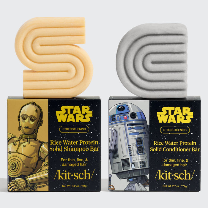 Two Star Wars-themed shampoo and conditioner bars with packaging featuring C-3PO and R2-D2 on a white background.