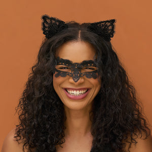 Schwarzes Katzen-Spitzenstirnband & Maske