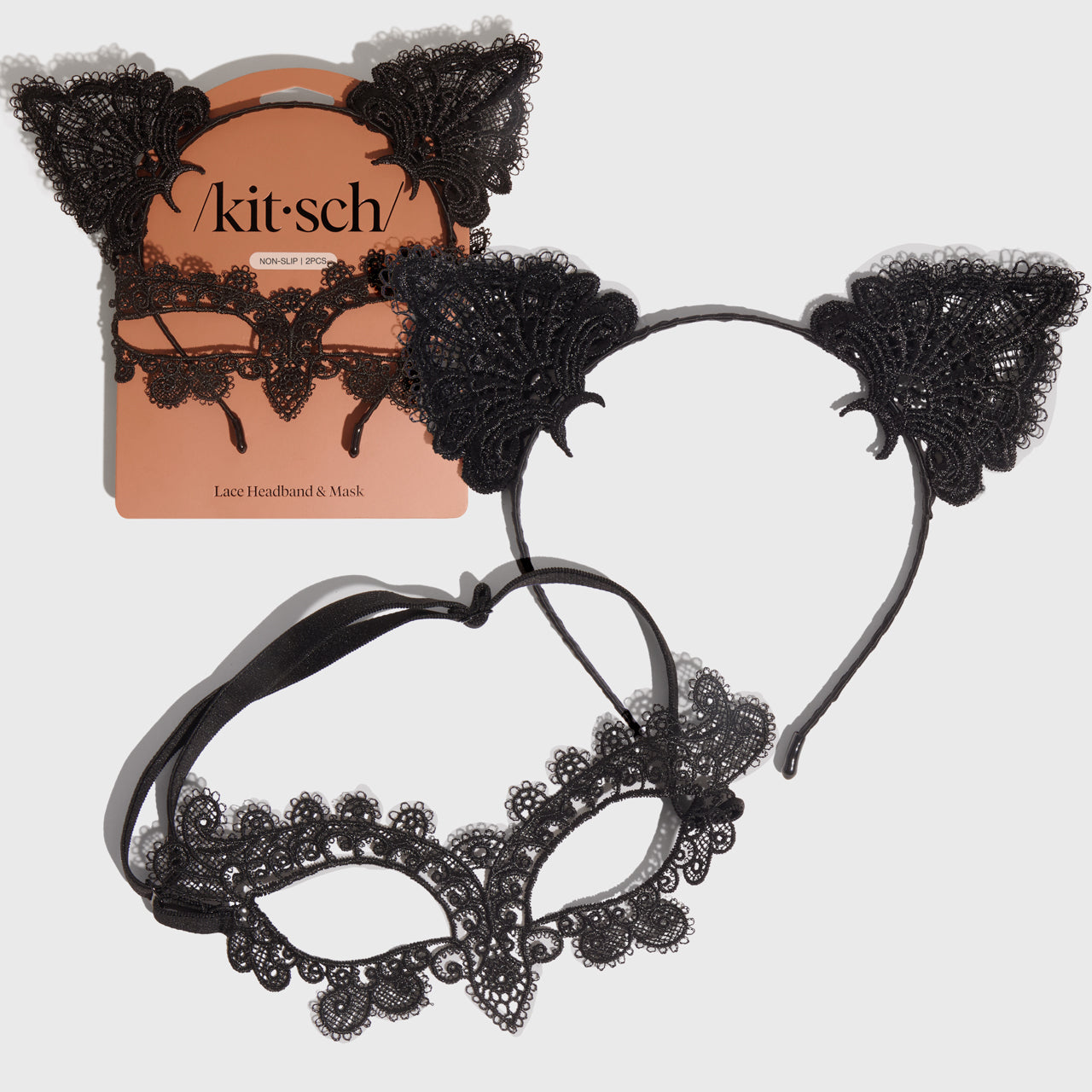 Schwarzes Katzen-Spitzenstirnband & Maske