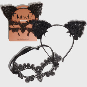 Schwarzes Katzen-Spitzenstirnband & Maske