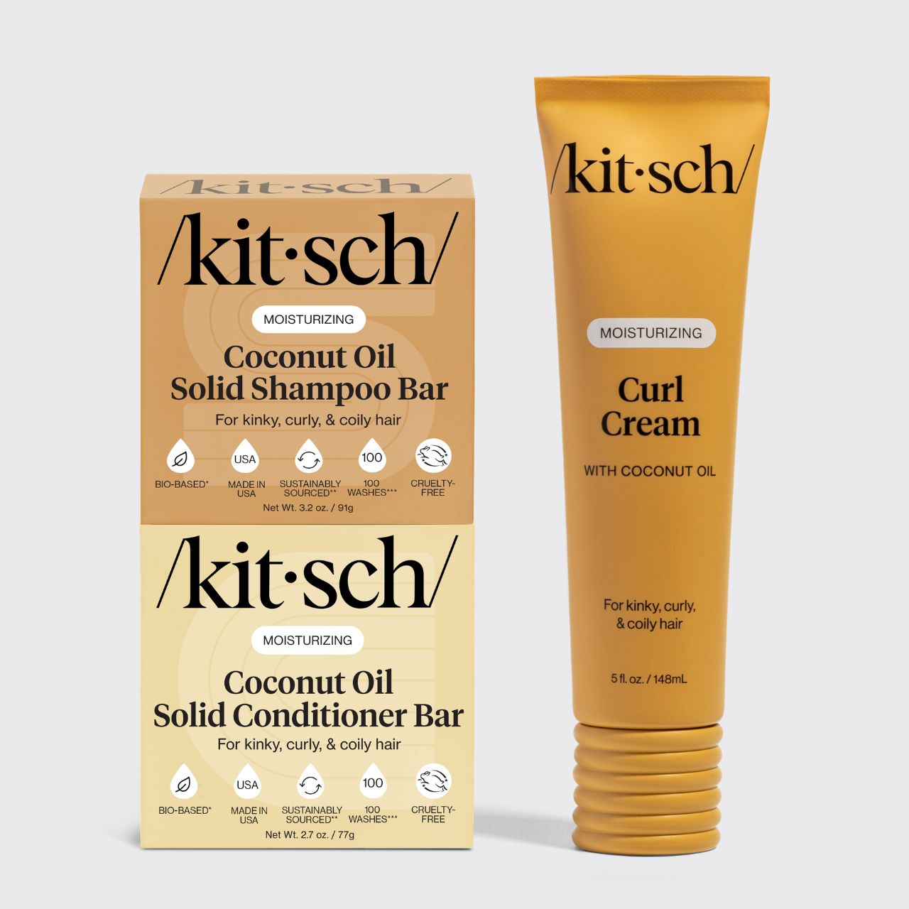 KITSCH Curly Hair Routine bundle — hero product shot — Coconut Oil Shampoo Bar, Coconut Oil Conditioner Bar & Moisturizing Curl Cream for deeply moisturized, defined, frizz-free curls