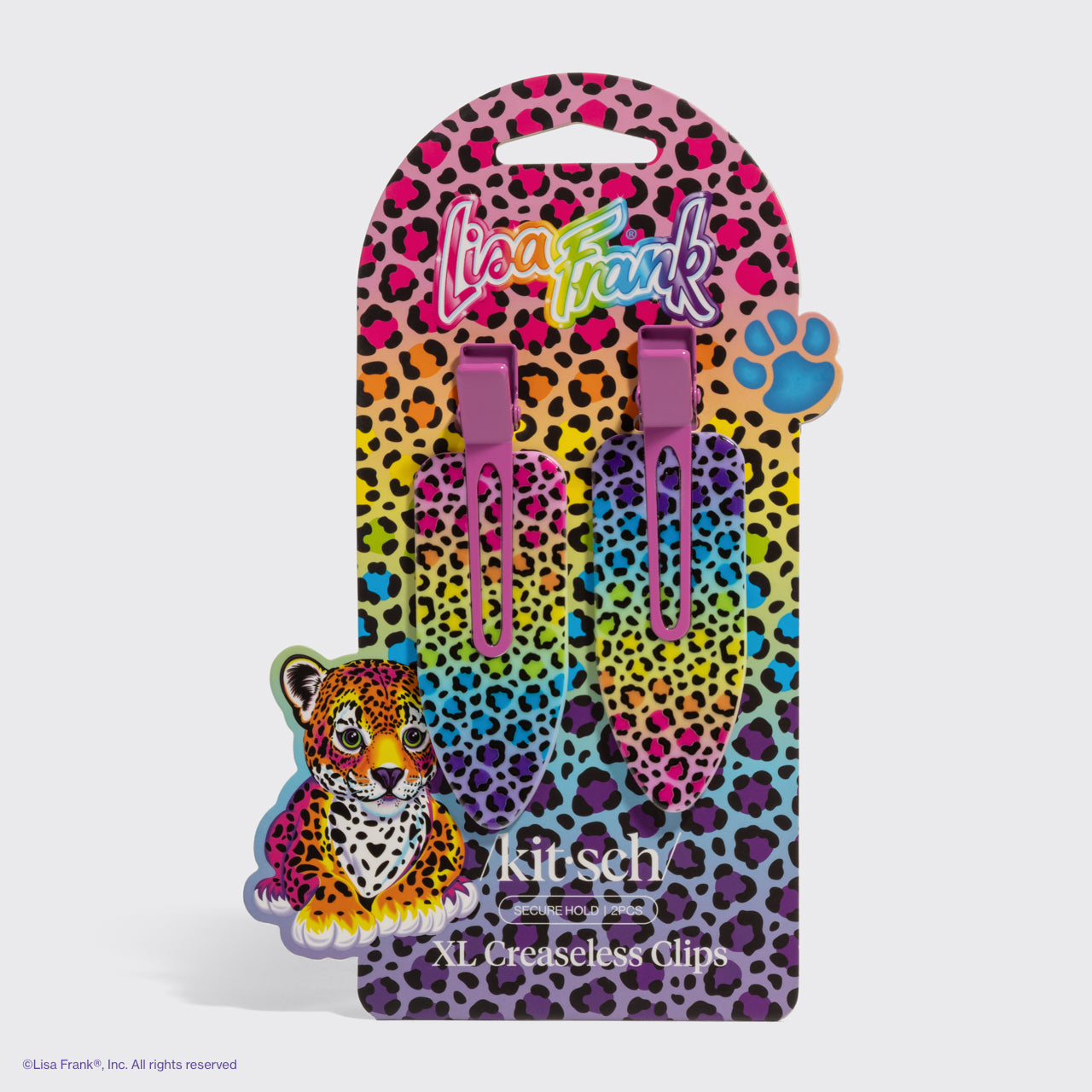 Lisa Frank x Kitsch XL Creaseless Clips in Rainbow Leopard, packaged hair clips with colorful leopard print design and Lisa Frank branding.