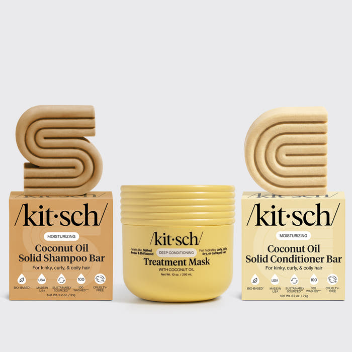 The Kitsch Curly Hair Routine includes the Moisturizing Coconut Oil Shampoo and Conditioner Bars and Deep Conditioning Treatment Mask