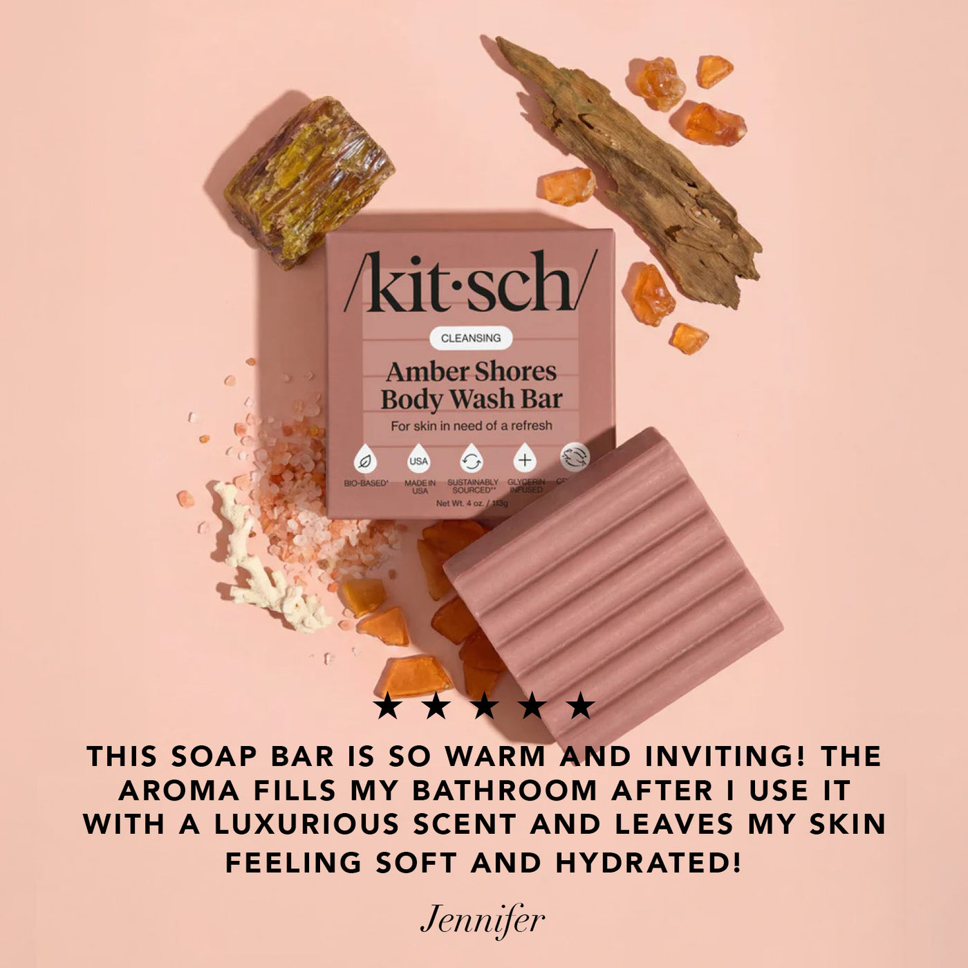 Kitsch Amber Shores Body Wash Bar featuring amber, driftwood, and mineral salt ingredients with a five-star customer review.