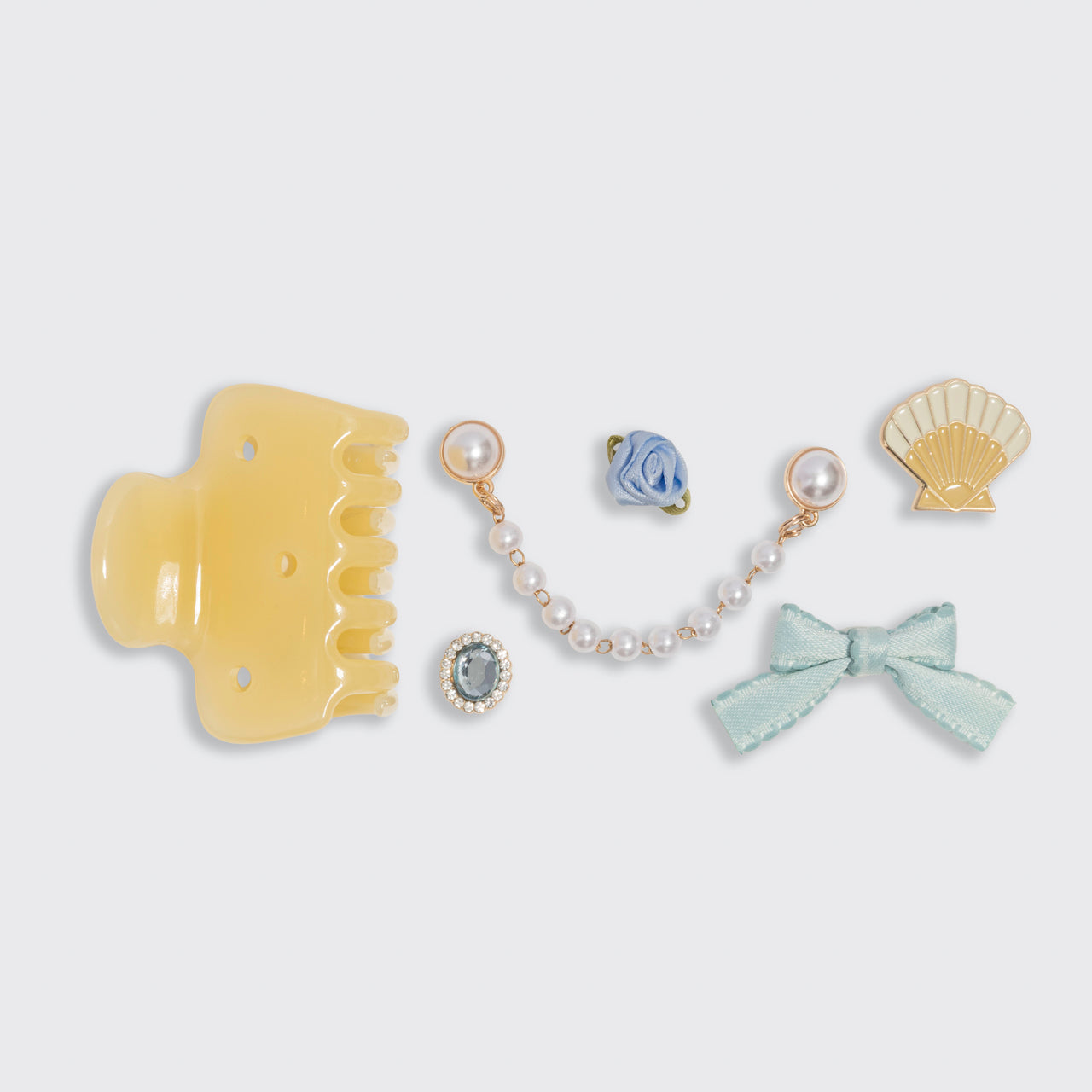 KitschPop Coastal Cottage Cloud clip  Collection 7pc set – Butter Yellow cloud, claw clip, seashell, mint bow, pearl chain, rosette & rhinestone charms