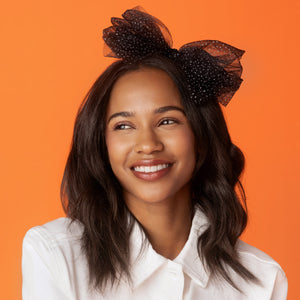 KITSCH Black Glitter Tulle Headband — model wearing the black glitter tulle bow headband — statement sparkle with a comfortable non-slip hold
