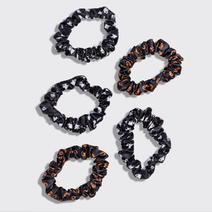 KITSCH Ghosts & Pumpkins Ruched Satin Scrunchies 5pc Set — flat lay of all five ghost and pumpkin satin scrunchies — limited-edition Halloween set