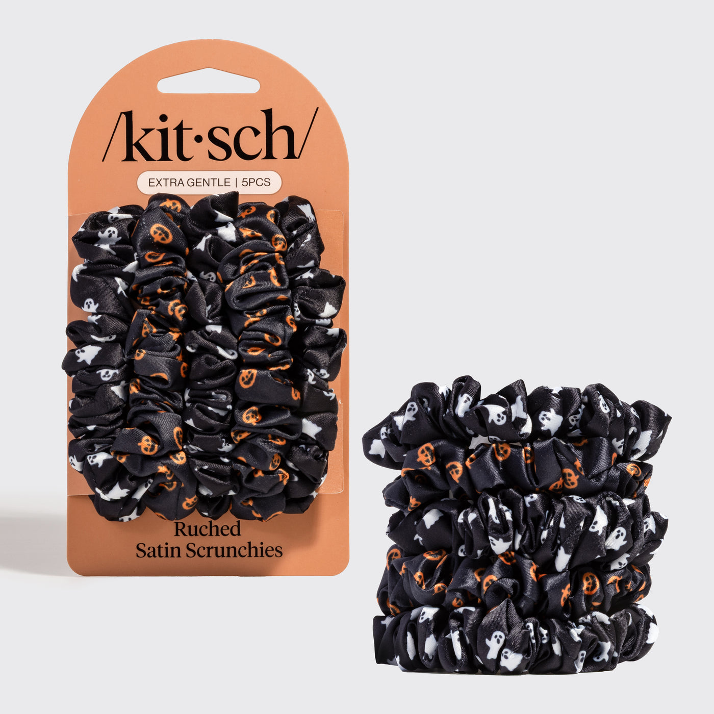 KITSCH Ghosts & Pumpkins Ruched Satin Scrunchies 5pc Set — hero product shot of stacked ghost and pumpkin print satin scrunchies — smooth satin, gentle on hair