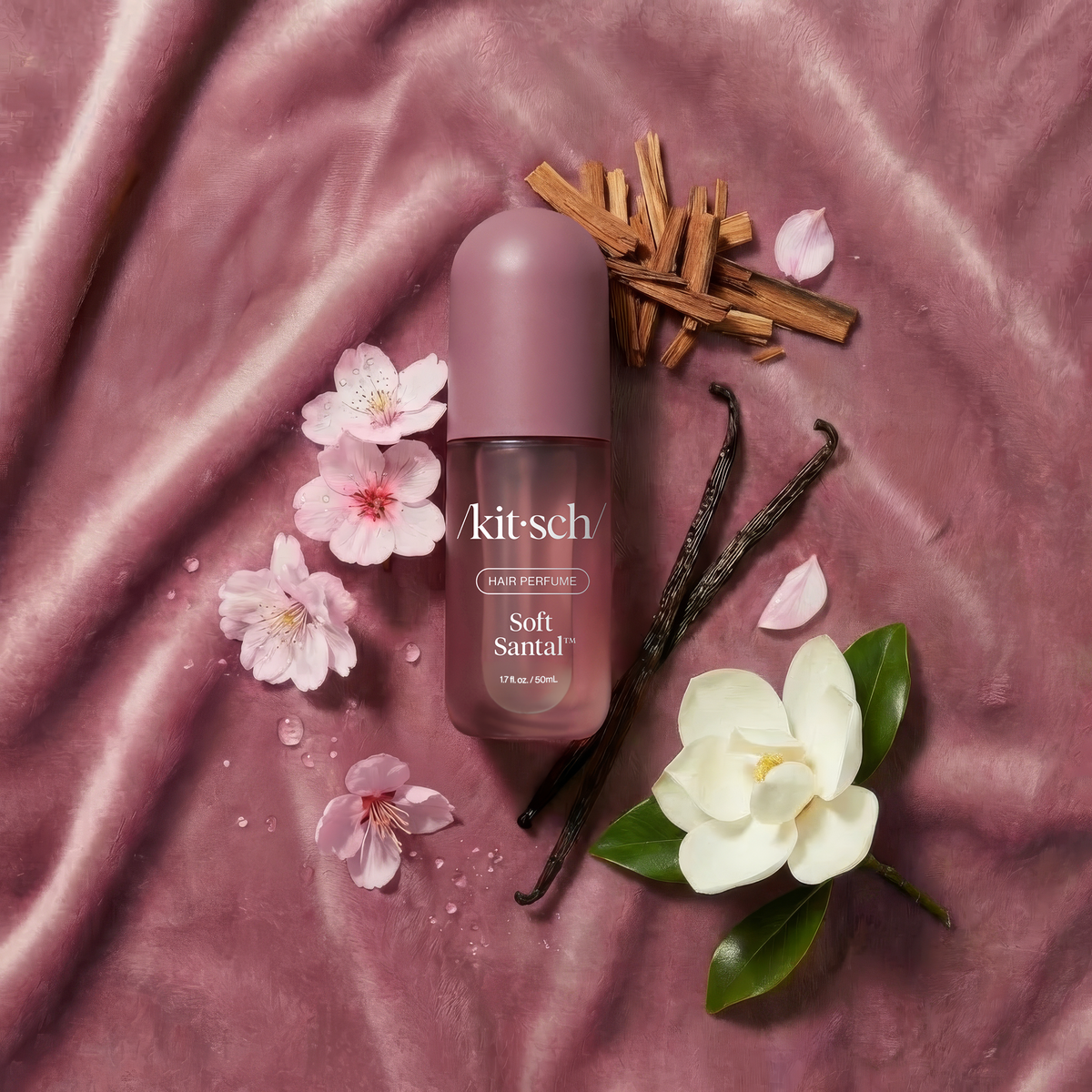 KITSCH Cozy Corner Duo: Soft Santal & Caramel Cream — scent visualization, Soft Santal — patented technology eliminates odors at the source — wear solo or layer with other favorites for your own signature blend