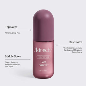 KITSCH Cozy Corner Duo: Soft Santal & Caramel Cream — fall fragrance notes infographic, Soft Santal — vanilla almond & cherry blossoms with a soft, woody finish — crafted by a world-renowned fragrance house
