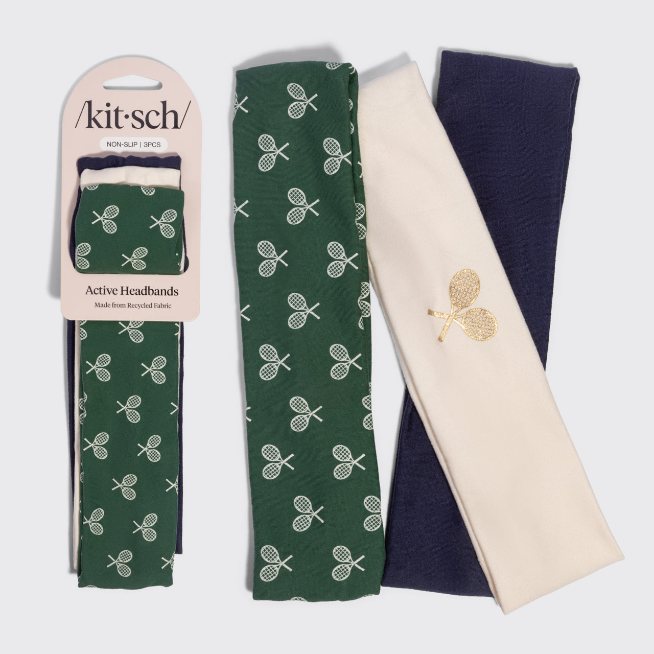 KITSCH Recycled Fabric Active Headbands 3pc Set — hero shot of the cream, court green, and navy blue tennis-inspired headbands — soft, stretchy recycled fabric that keeps hair in place — Tennis Core Collection