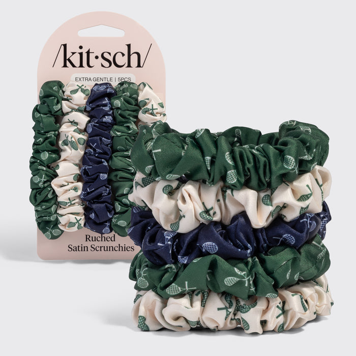 KITSCH Ruched Satin Scrunchies 5pc Set – Cream, Court Green & Navy Blue — hero product shot — 5 ruched satin scrunchies with a tennis-print design in cream, court green, and navy blue — silky texture with gentle snag-free hold