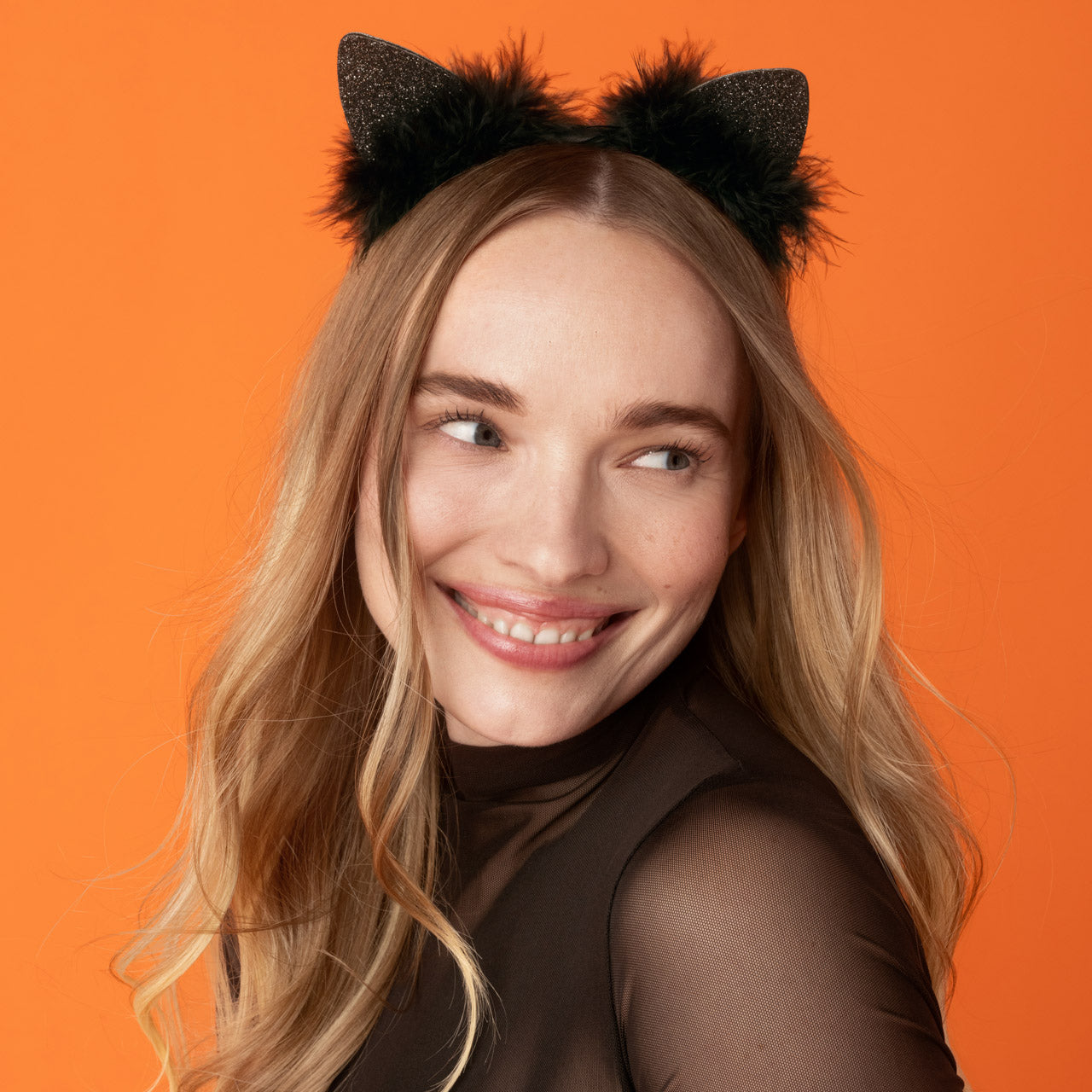 KITSCH Black Glitter Satin Cat Ears Headband — model wearing the glitter cat ears headband — instant Halloween costume with all-night comfort
