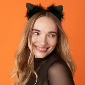 KITSCH Black Glitter Satin Cat Ears Headband — model wearing the glitter cat ears headband — instant Halloween costume with all-night comfort