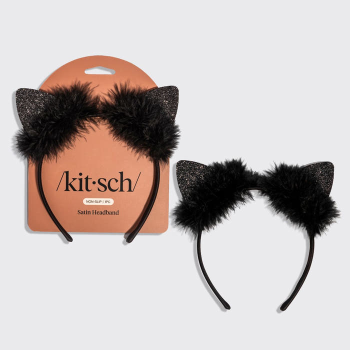 KITSCH Black Glitter Satin Cat Ears Headband — product shot of glitter cat ears with faux-fur trim — satin-wrapped non-slip band made with recycled materials