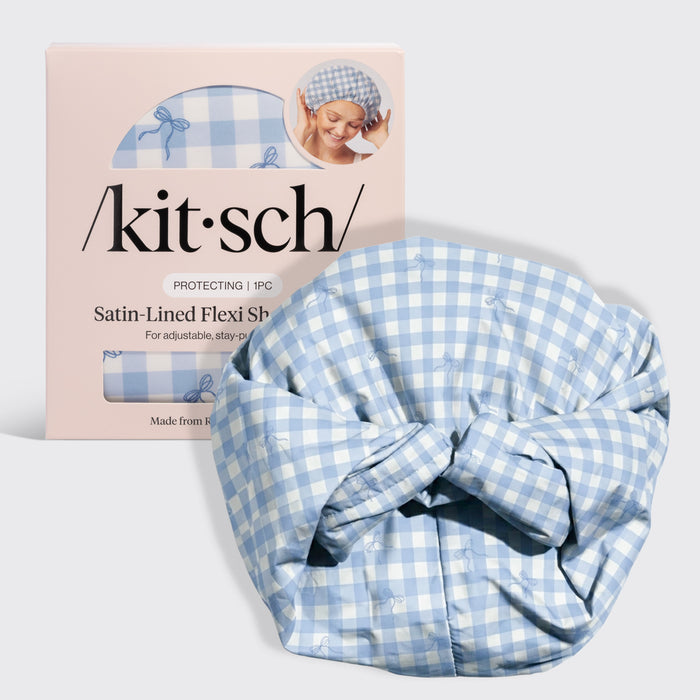Gingham Blue Satin Lined Flexi Shower Cap