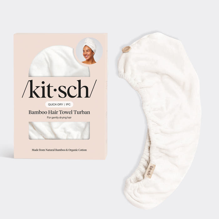Organic Bamboo Hair Towel in white with Kitsch packaging and rolled towel displayed on a clean background.