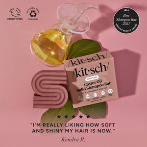 KITSCH Castor Oil Nourishing Shampoo & Conditioner Bar Combo — 5-star customer review for castor oil shampoo bar — nourishes scalp to decrease hair breakage & damage — Fision® EcoSil clinically proven to increase appearance of shine after 5 uses