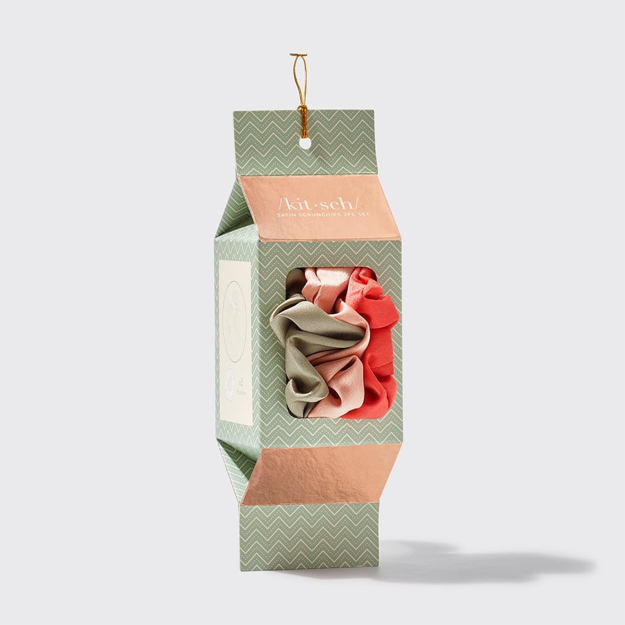 Kitsch Holiday Cracker Satin Scrunchies 3-teiliges Set – Pinksettia