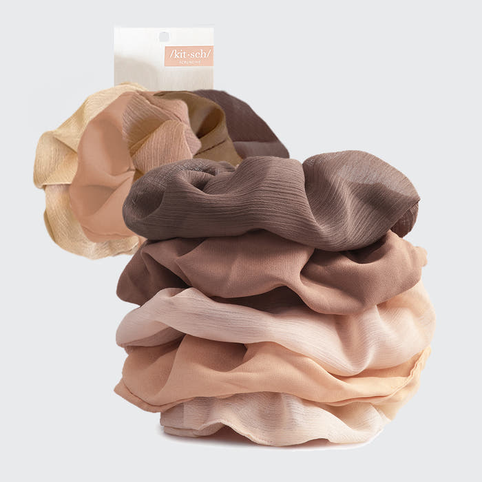 KITSCH Crepe Scrunchies in Terracotta — hero product shot — textured crepe fabric in warm terracotta tones — gentle snag-free hold for all hair types