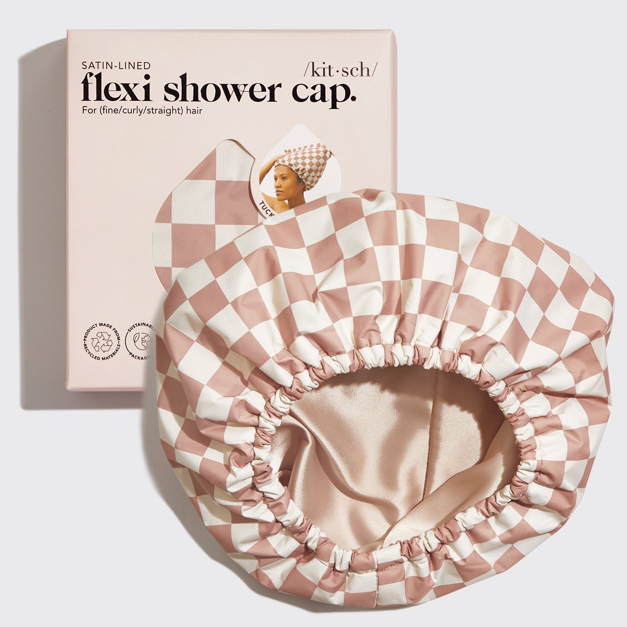 Satin Lined Flexi Shower Cap - Terracotta Checker