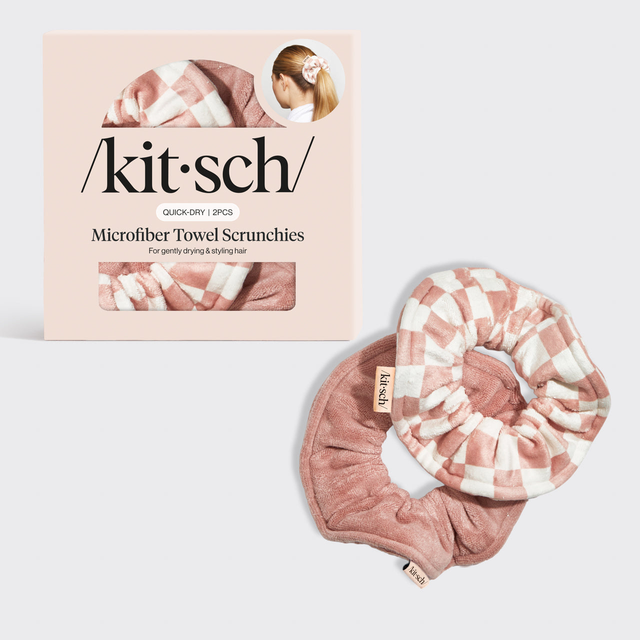 マイクロファイバー速乾タオルスクランチ2枚セット - テラコッタチェッカー