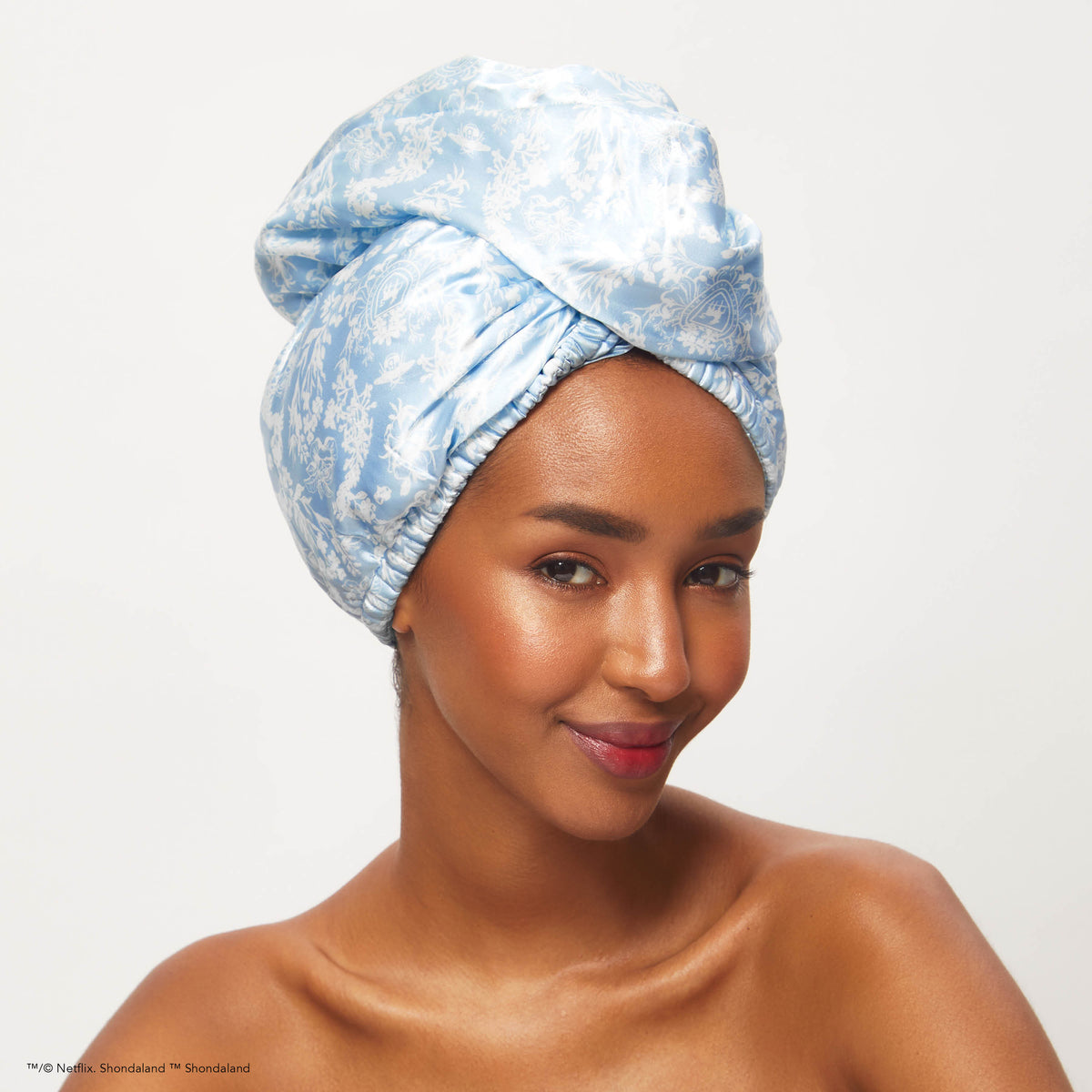 Bridgerton x Kitsch Satin Wrapped Hair Towel Toile De Blue KITSCH