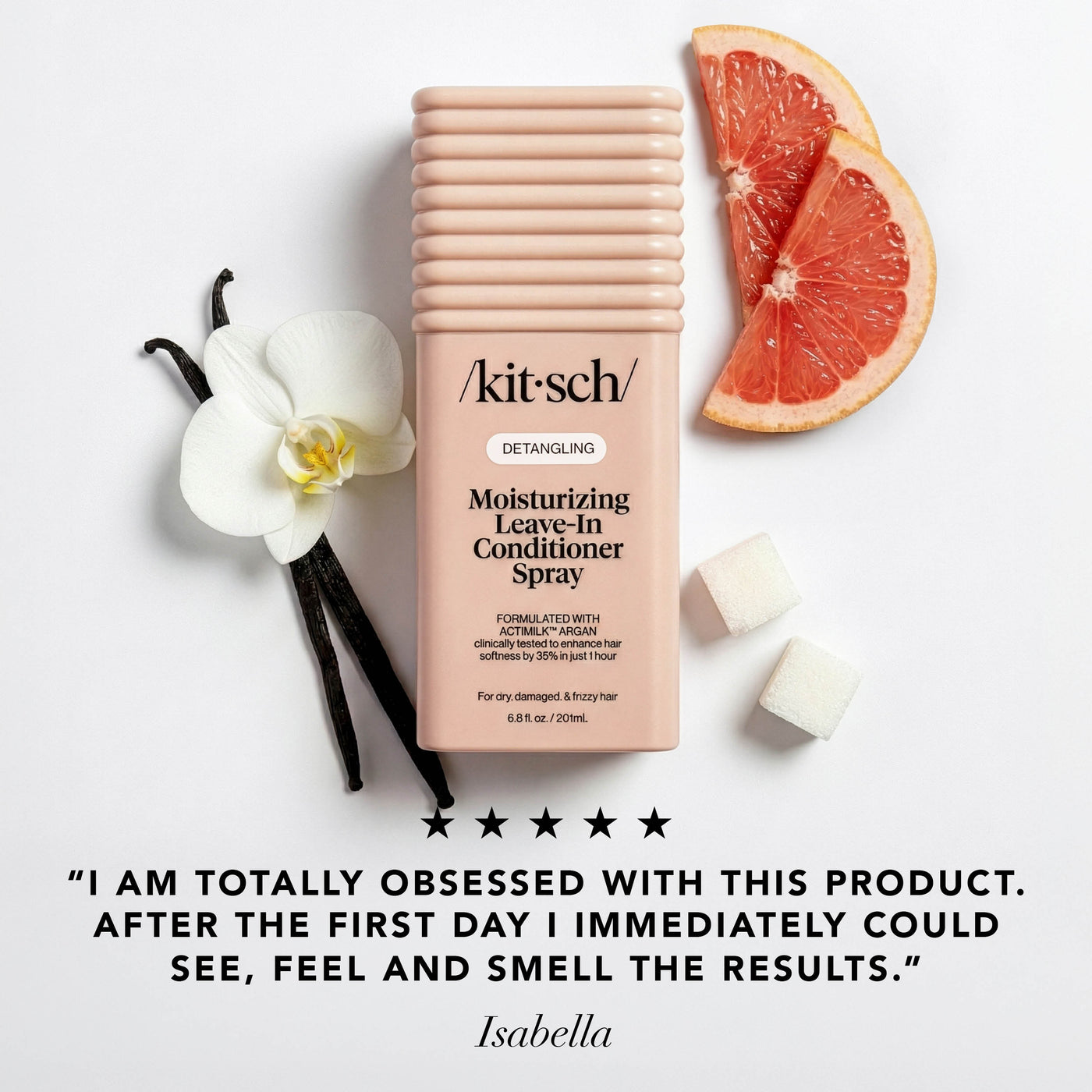Kit-sch Moisturizing Leave-In Conditioner Spray with grapefruit, vanilla, orchid, and sugar cubes alongside a 5-star customer review praising softer, healthier-looking hair.