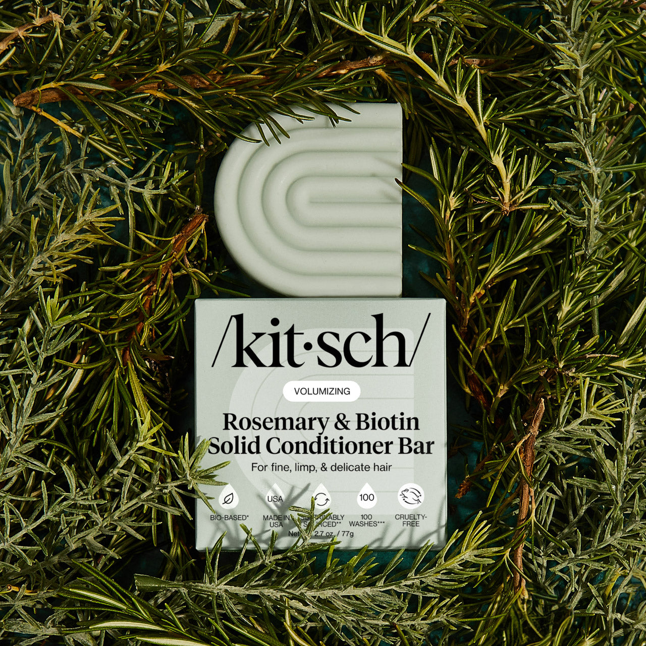 Kitsch Rosemary & Biotin Volumizing Conditioner Bar in use — bottle-free, salon-quality conditioner with rosemary and biotin
