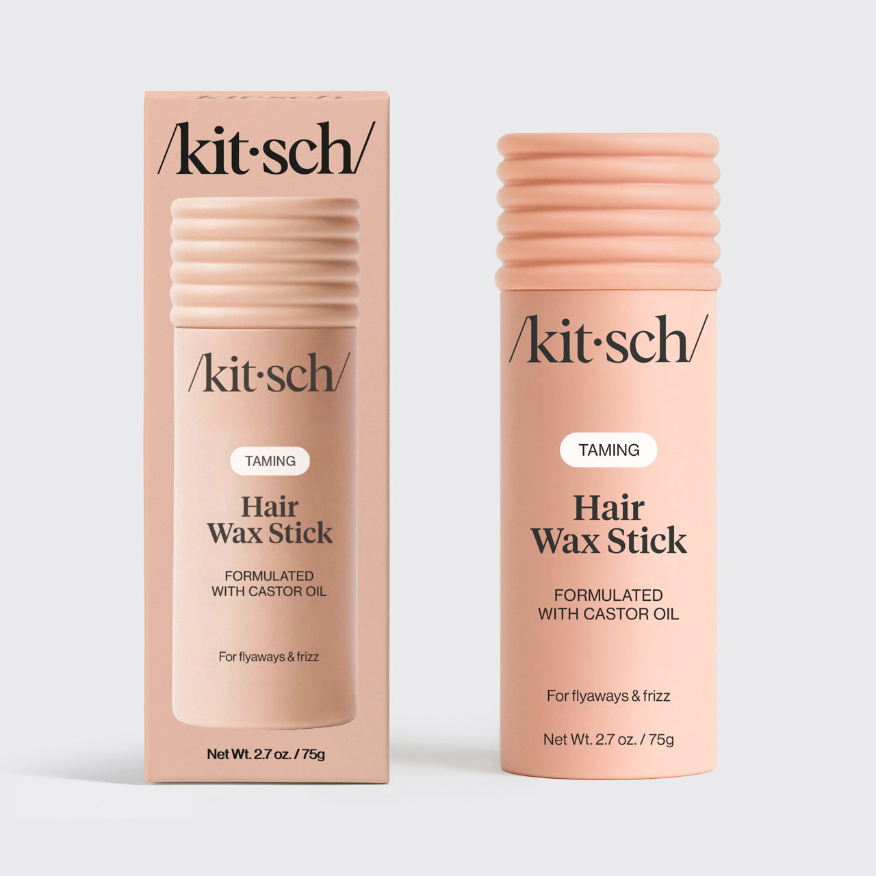 KITSCH Hair Wax Stick — hero product shot on light gray background — two TAMING Hair Wax Stick Formulated With Castor Oil — one with retail box packaging, one standalone stick — For flyaways & frizz — Net Wt. 2.7 oz / 75g — 100% vegan & plant-based wax enriched with nourishing castor oil — All-day hold without texture or greasiness