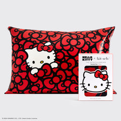 Kitsch x Hello Kitty Satin-Kissenbezug - Hello Kitty badet in einem Meer von Schleifen