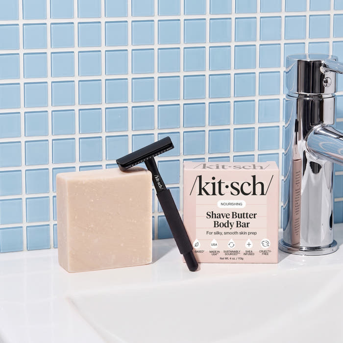 KITSCH Safety Razor & Shave Butter Bundle Black — hero product shot — Black Double-Edged Safety Razor + Solid Shave Butter — smoothest, closest shave — gender-neutral design