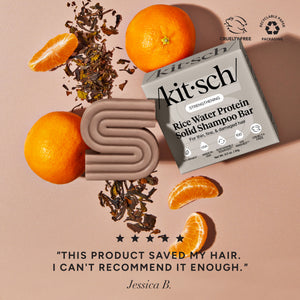 KITSCH Rice Water Shampoo & Conditioner Bar Combo for Hair Growth — 5-star customer review for strengthening rice water shampoo bar — Rice Tein NPNF® improves appearance of natural shine in just 5 washes — boosts shine in dull, dry hair