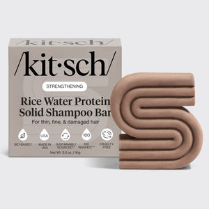 KITSCH Rice Water Shampoo Bar for Hair Growth — hero product shot on light gray background — STRENGTHENING Rice Water Protein Solid Shampoo Bar retail box with S-shaped bar — For thin, fine, & damaged hair — Bio-based | Made in USA | 100 Washes | Cruelty-Free — Net Wt. 3.2 oz / 91g — clinically proven to increase hair volume by 20% after 5 washes