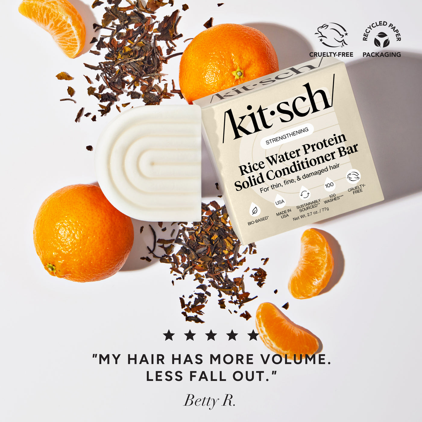 KITSCH Rice Water Conditioner Bar for Hair Growth — 5-star customer review for strengthening rice water conditioner bar — boosts shine in dull, dry hair — pH balanced and safe for color-treated hair