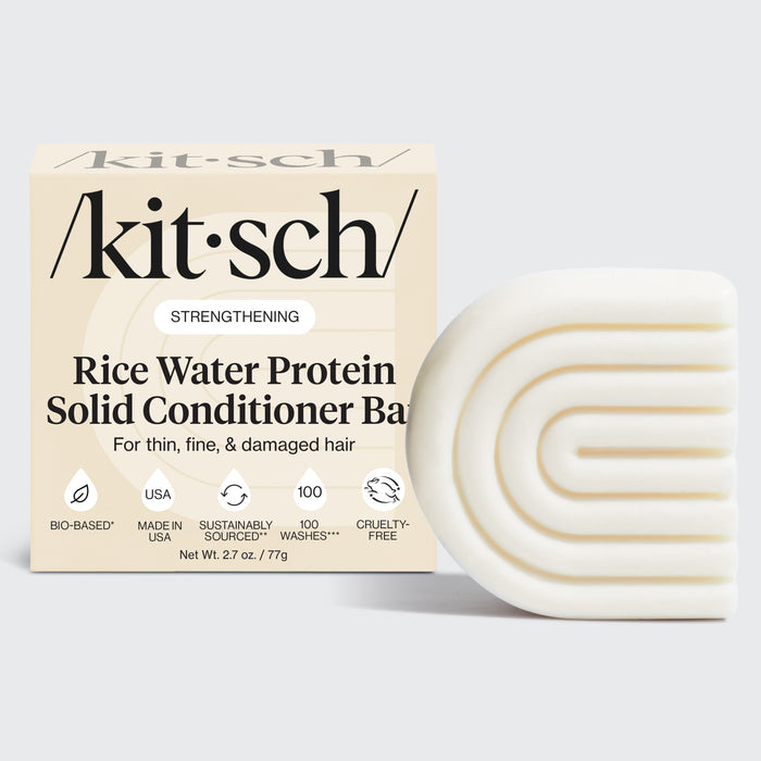 KITSCH Rice Water Conditioner Bar for Hair Growth — hero shot of strengthening rice water conditioner bar — Rice Tein NPNF® clinically proven to increase hair volume by 20% after 5 washes — conditions & encourages overall hair length & density
