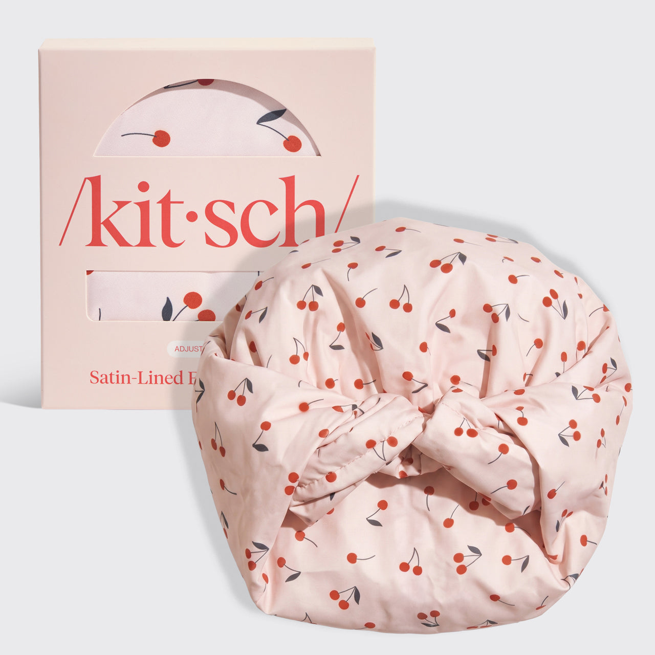 KITSCH Satin Lined Flexi Shower Cap — Cherry Print — product hero, open-back design with adjustable wire closure