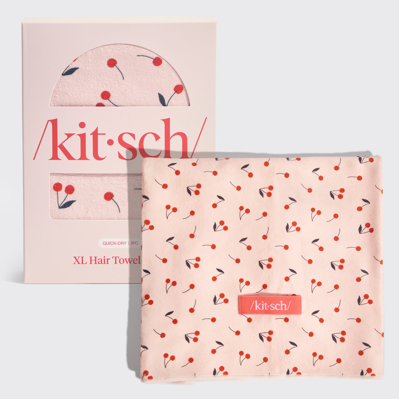 KITSCH XL Hair Towel Wrap — Cherry Print — product hero, folded flat lay