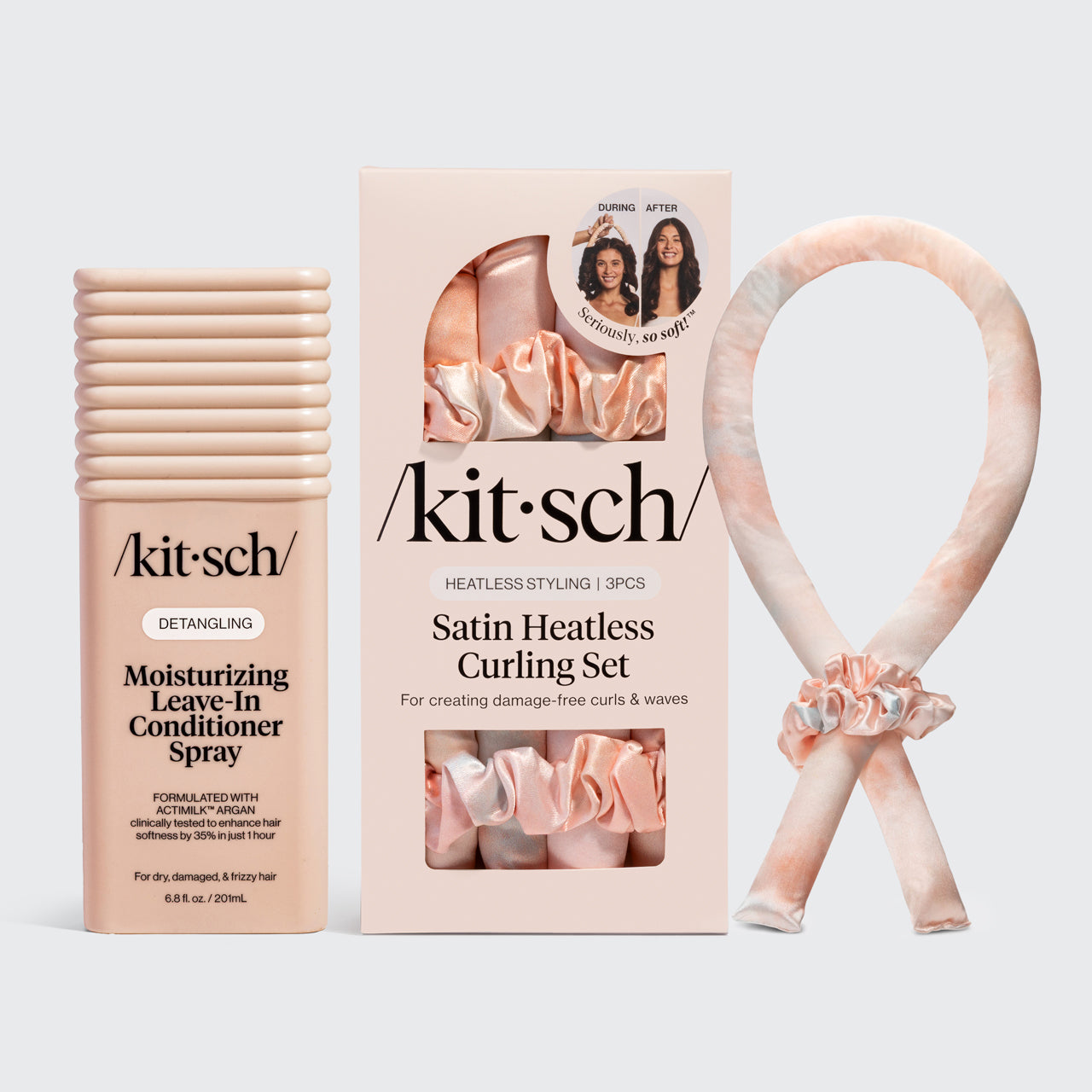 KITSCH Satin Heatless Curling Set + Moisturizing Argan Milk Leave-In Conditioner Bundle — hero shot — complete heatless curl routine