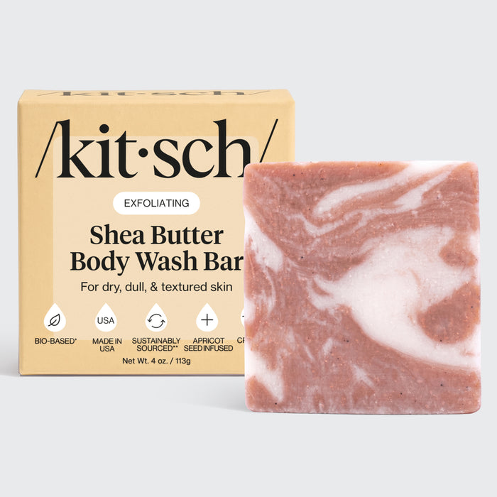 Kitsch Shea Butter Exfoliating Body Wash Bar packaging - super-hydrating bio-based body wash bar with shea butter and plant-derived exfoliants for soft, glowing skin. Almond and shea fragrance, free of parabens, phthalates, silicones, sulfates, and artificial fragrance. Vegan, cruelty-free, made in USA, Leaping Bunny Certified, reduces single-use plastic.