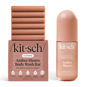 Kitsch Amber Shores Scent Ritual bundle with cleansing body wash bar and hair perfume bottle on a light background