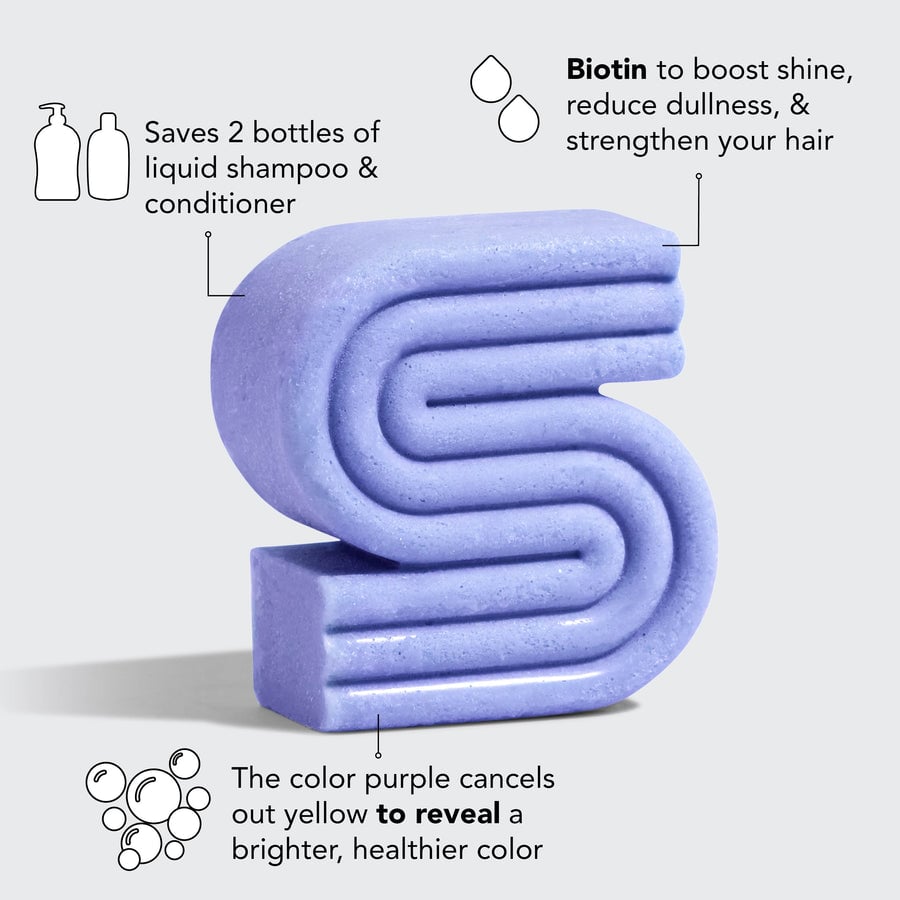 Barre de shampoing et d'après-shampoing violette avec caddy de biotine