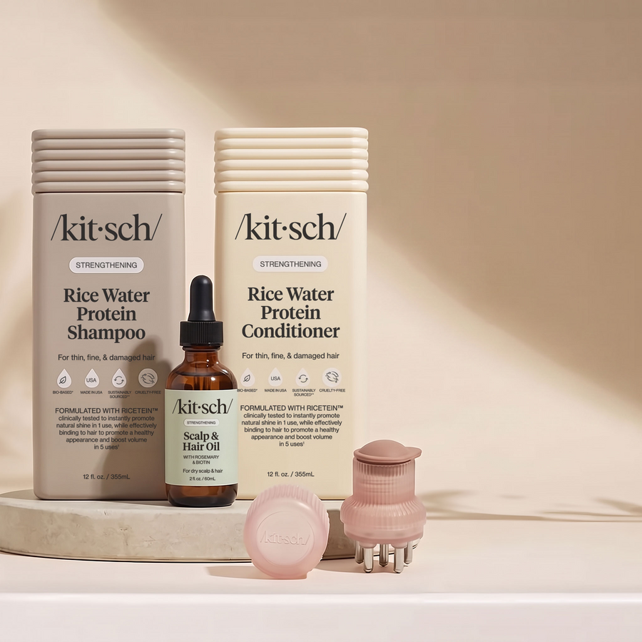 KITSCH Hair Growth Essentials — hero bundle featuring Rice Water Shampoo, Rice Water Conditioner, Strengthening Rosemary & Biotin Scalp & Hair Oil, and Scalp Oil Applicator — promotes hair growth and supports scalp health & hair strength from root to tip — for thicker, longer, healthier hair