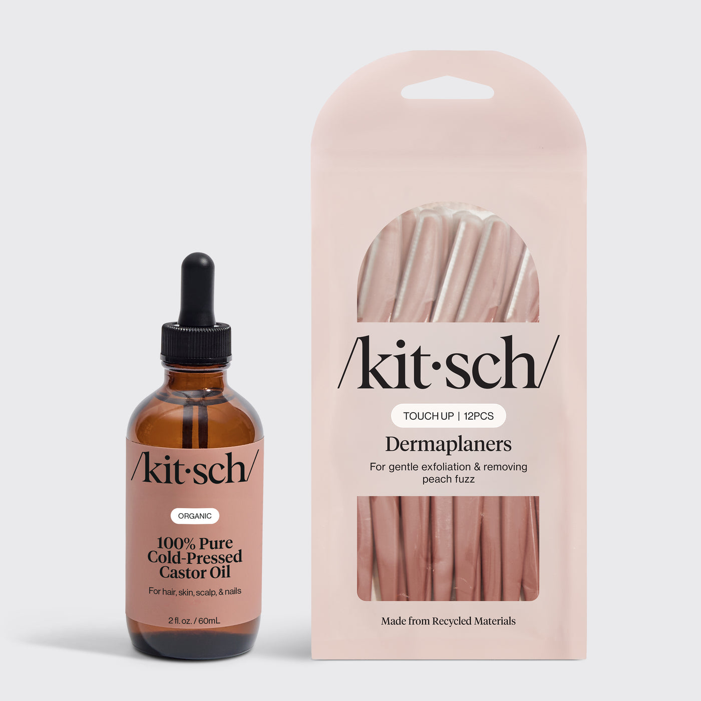 KITSCH 100% Castor Oil 2oz + FREE Eco-Friendly Dermaplaner — bundle hero shot — castor oil bottle and dermaplaner together on clean background — full beauty routine in one set