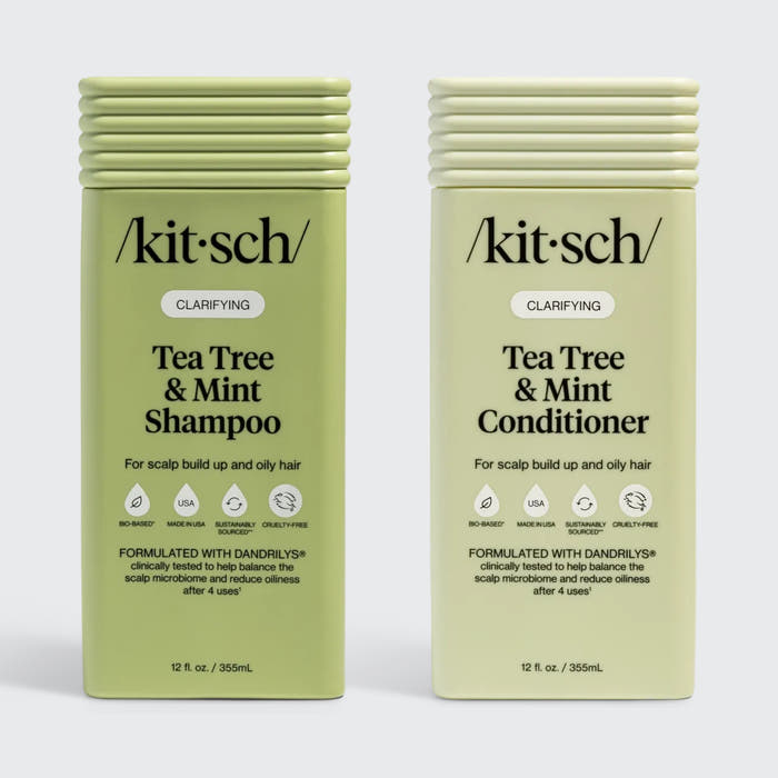 Two bottles of Kitsch Tea Tree & Mint Shampoo and Conditioner on a white background