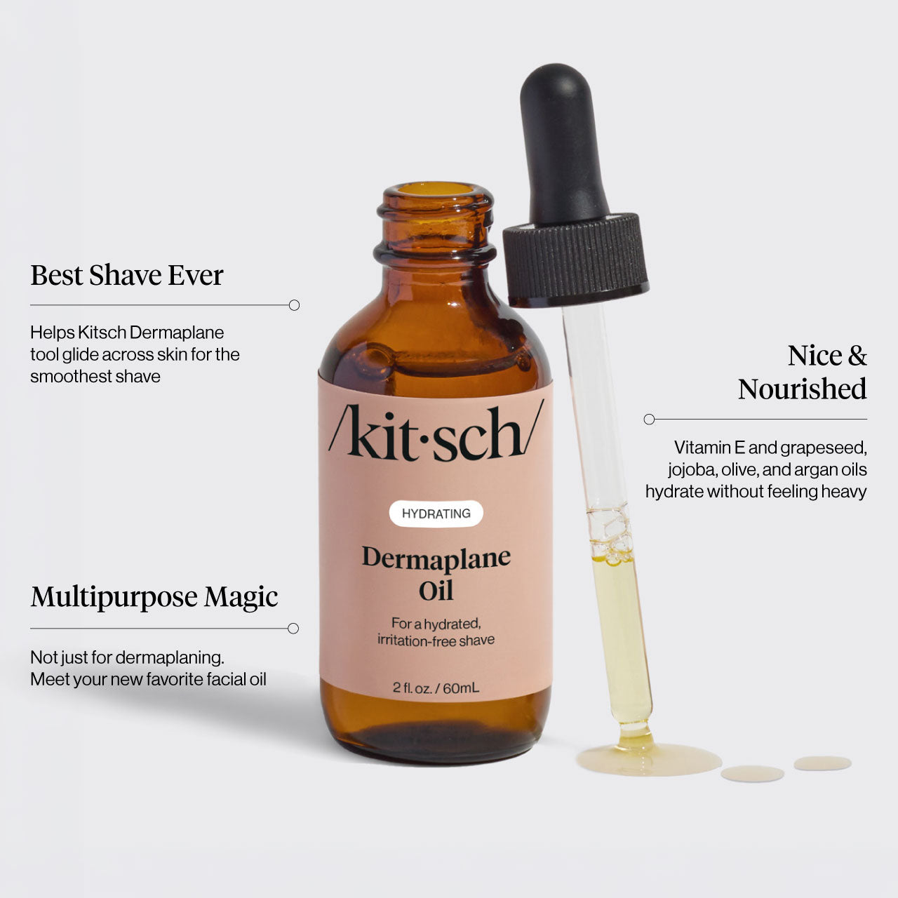 KITSCH Hydrating Dermaplane Oil — ingredient close-up — formulated with grapeseed, jojoba, argan, and olive oils — nourishing pre-shave oil for face