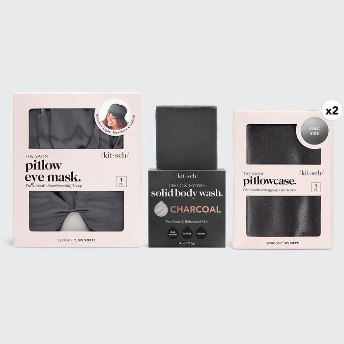 KITSCH For Him Night & Day Care Kit - King — hero shot — king pillowcases, eye mask, and body wash bar